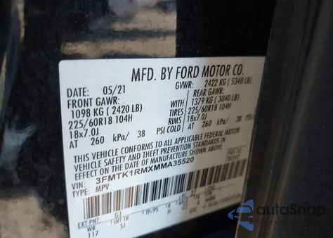 2021 Ford Mustang Mach-E Select z USA, uszkodzony, nr VIN 3FMTK1RMXMMA35520